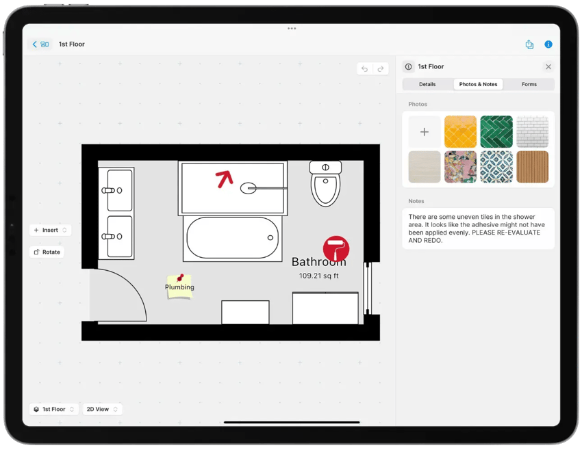Bathroom remodeling tiles collaboration on iPad with floor plan sketch photos and notes.