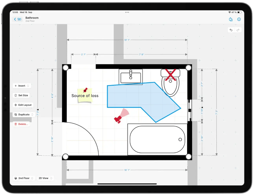 Bathroom water damage sketch on iPad with documentation findings and source of loss.