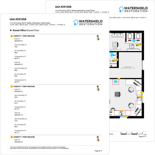 Dry logs and moisture readings report pdf with surface humidity, air humidity, temperature, and floor plan sketch.