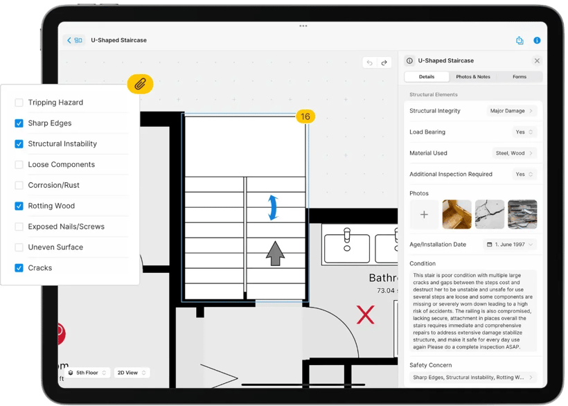 Stair structural damage claim assessment documentation with sketch, photos, findings on iPad.