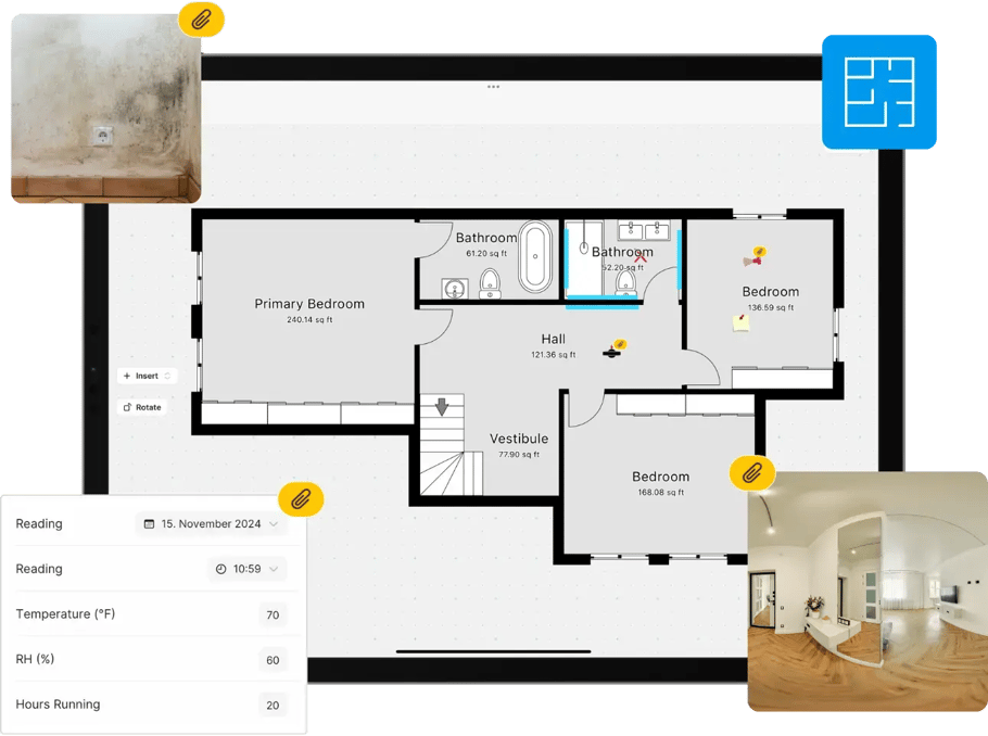 Floor plan sketch water damage property with photos and dehumidifier readings logs on ipad