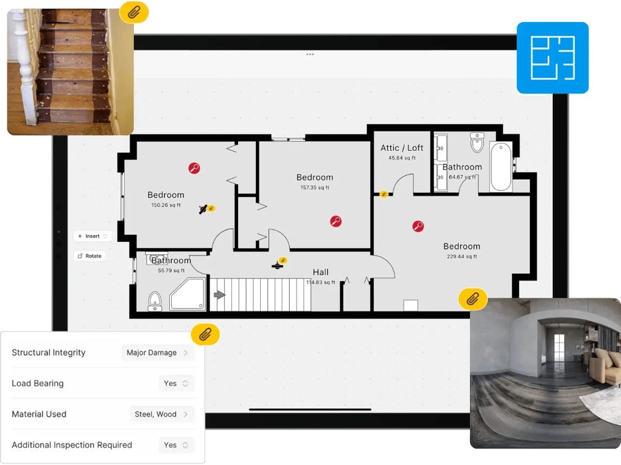 Digital floor plan sketch inspection assessment with photos and findings on iPad.