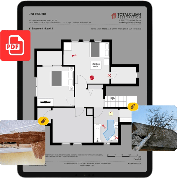 Claim report pdf with sketch, findings and photos on iPad Pro.