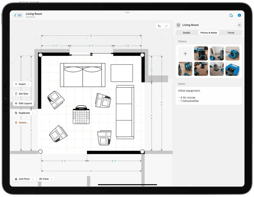 Drying equipment placement documentation for water mitigation on the sketch with photos based on IICRC S500 on iPad Pro.