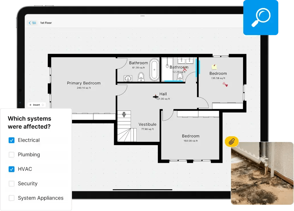 Water damage mold restoration project sketch with assessment findings and photos on iPad Pro.
