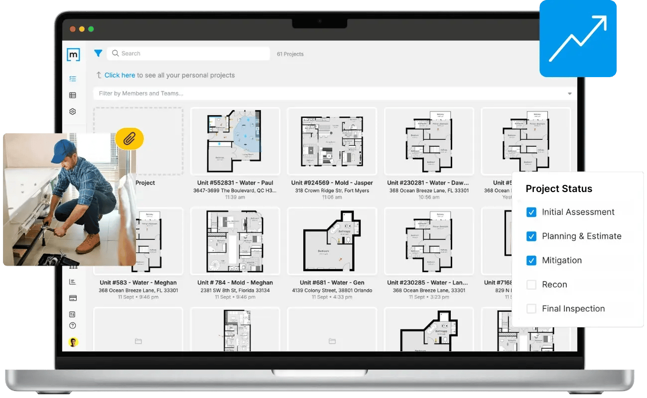 Restoration projects sketches overview (water mitigation, fire damage, mold) for admin teams on cloud MacBook pro