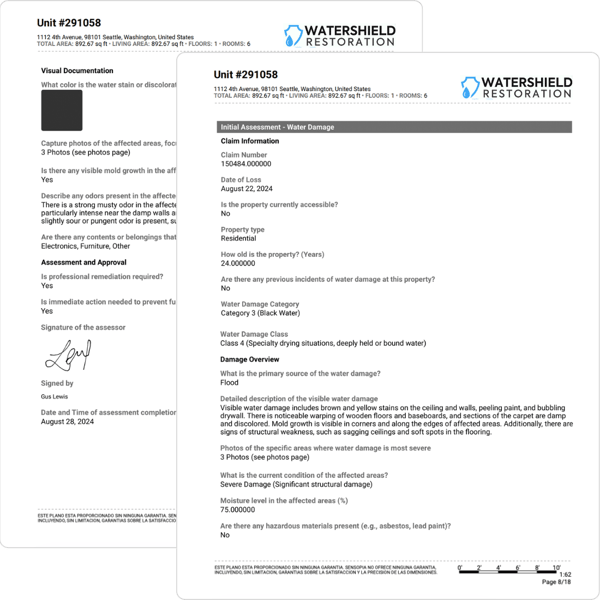 Site assessment form report pdf of water damage job with water damage category and water damage class.
