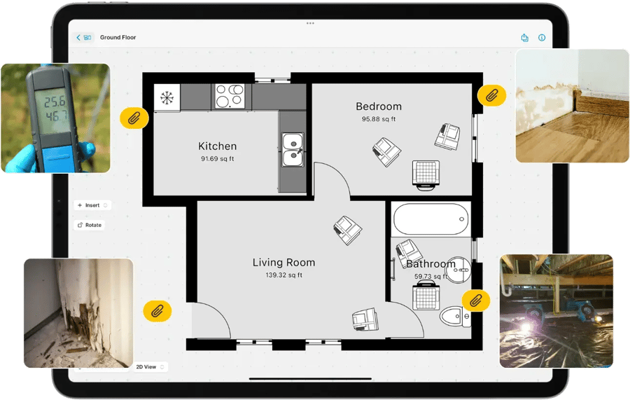 Site monitoring sketch with drying equipment (dehumidifier and air movers), photos and moisture readings on an iPad.