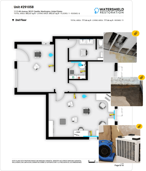 Report pdf with floor plan sketch and photos of water damage site.