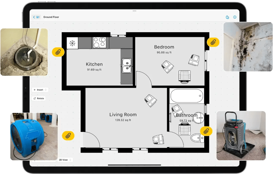 Water mitigation job sketch with photos on iPad with drying equipment (air mover and dehumidifiers) placement documentation.