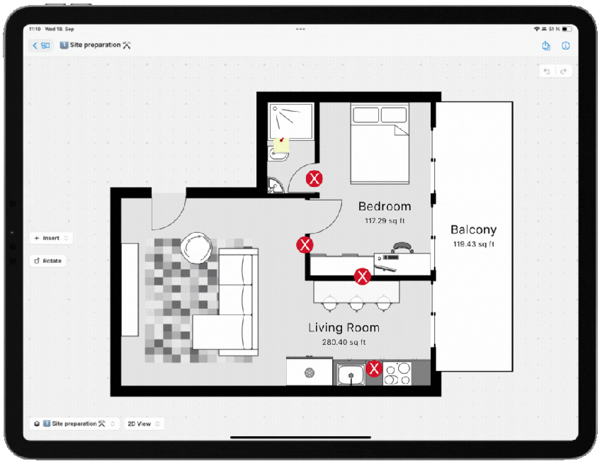 Restoration work stages on floor plan sketch on iPad