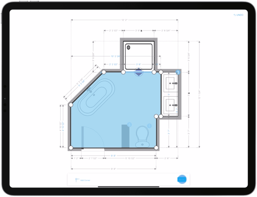 Calculating the area of a bathroom renovation on a floor plan on an ipad