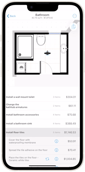 iPhone with bathroom renovation estimate with automated calculations from magicplan floor plan measurements