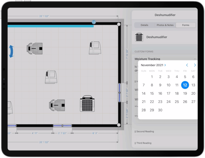 ipad with sketch of the propery with water damage on the drying equipment placemente marking the date of the moisture reading using magicplan custom form