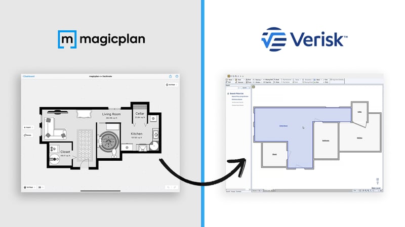 magicplan sketch and logo on the left side being sent to Xactimate sketch with logo on the right side