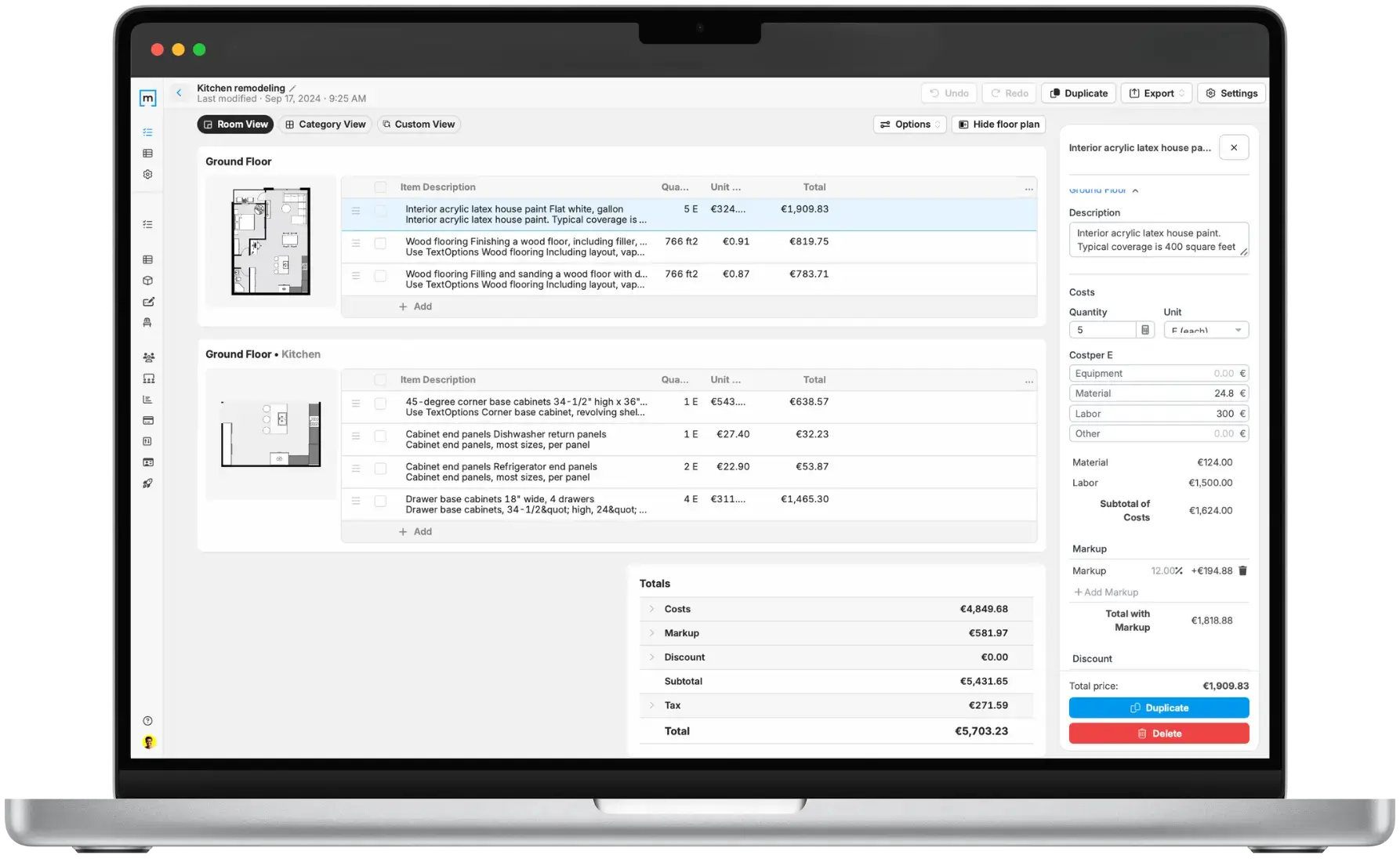 Kitchen remodeling estimate with cost breakdown (cabinets, flooring, installation, paint) with labor, markup, and total on a MacBook pro Kitchen remodeling estimate with cost breakdown (cabinets, flooring, installation, paint) with labor, markup, and total on a MacBook pro